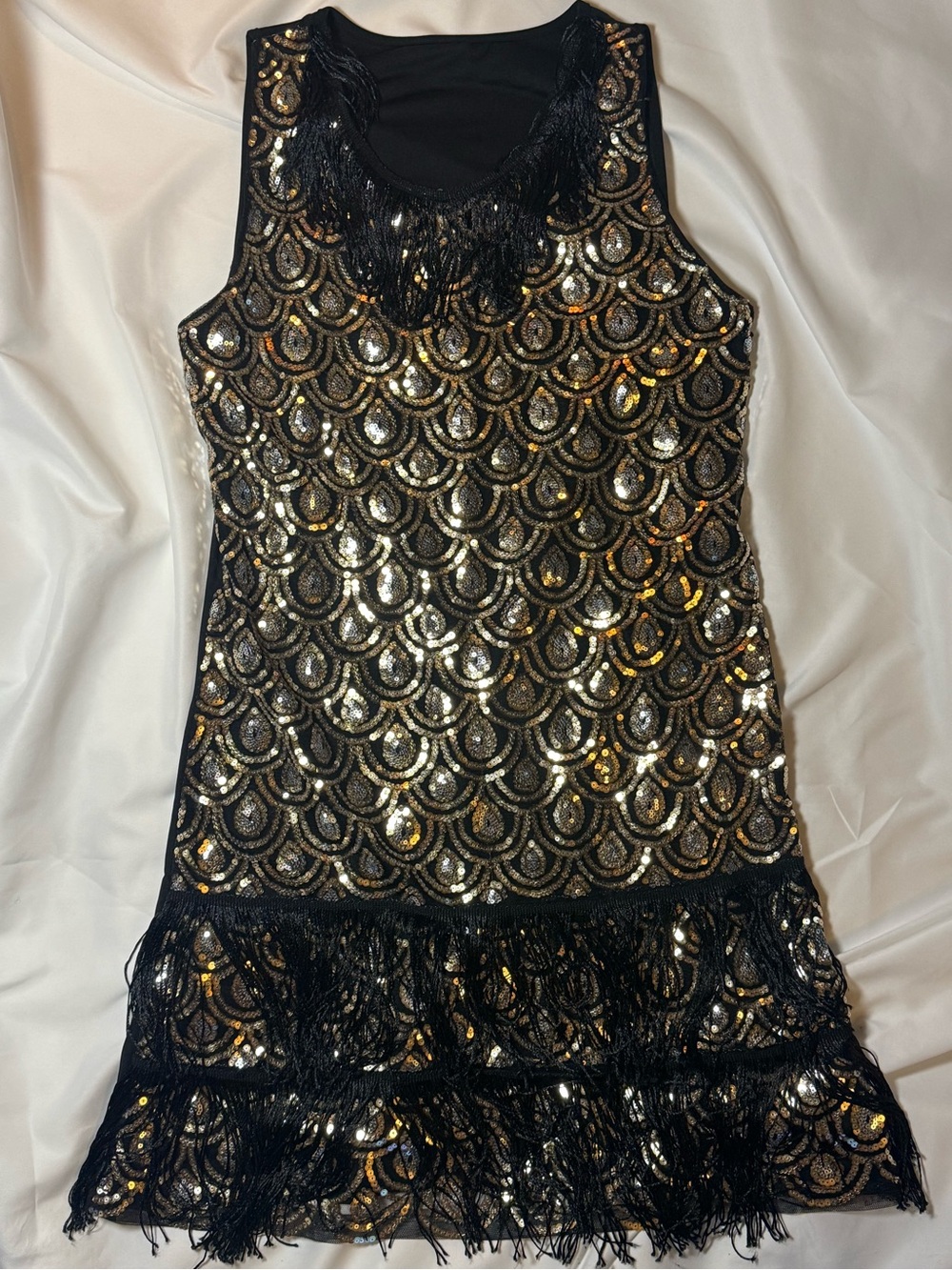 Black & Gold Sequin Fringe Tank Dress